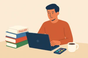 یک جوان پشت میز نشسته است با لپ‌تاپی که صفحه چت‌بات زبان انگلیسی باز است، کتاب‌های زبان انگلیسی و گوشی هوشمند همراه با اپلیکیشن آموزش زبان روی میز دیده می‌شود.